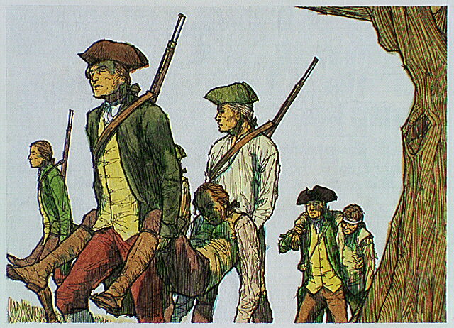 The bodies of Captain Isaac Davis and Pvt. Abner Hosmer are carried to John Buttrick's farmhouse while others care for the wounded after the fighting around the North Bridge at Concord, Massachusetts, April 19, 1775.