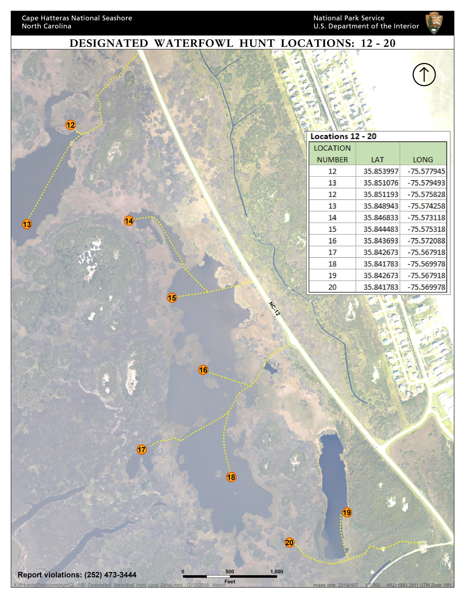 Location map of Bodie Island waterfowl hunting areas 12-20.