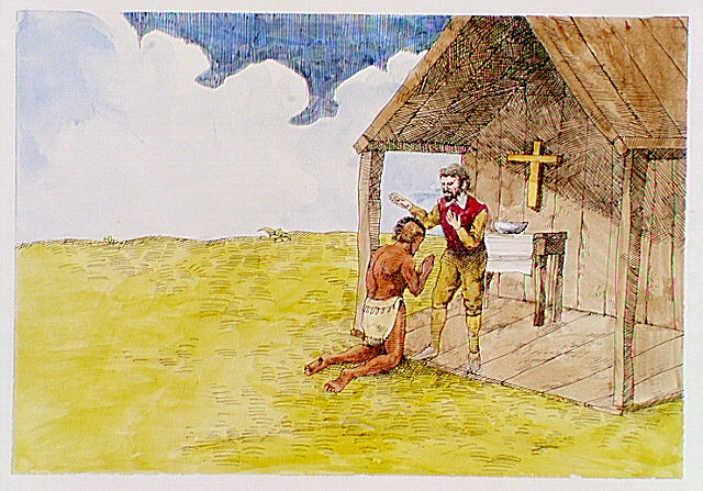 Scene of baptism of an Indian by an English colonist, 17th century.