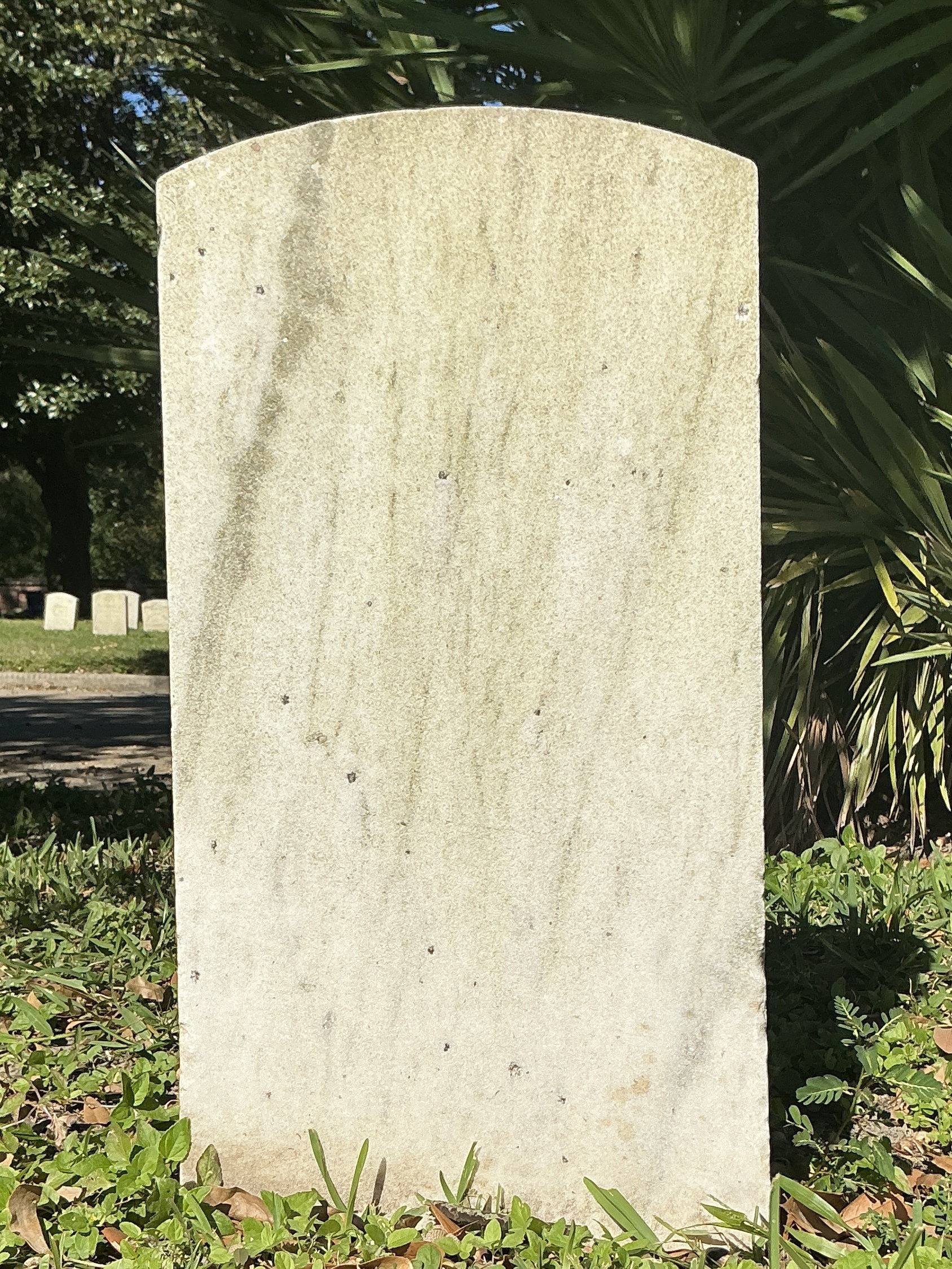Back of historic upright marble headstone with recessed shield face.