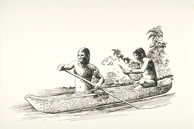 Two Native American Indians paddling a dugout canoe.