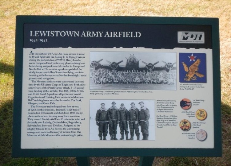 Photo of a historical sign titled "Lewistown Army Airfield." There are several photos of men and planes, as well as symbols. There are several paragraphs of text on the left. 