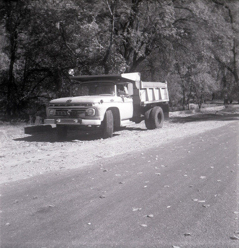 Construction vehicle on side of the road near the Temple of Sinawava.