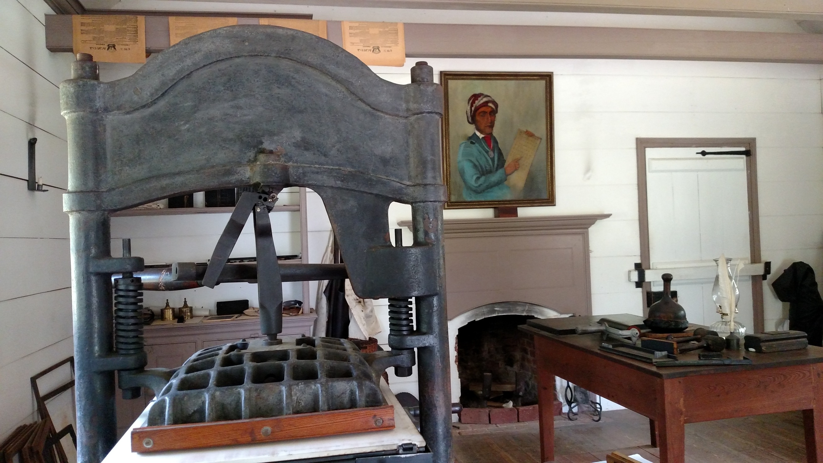 Historic Cherokee printing press and desk at New Echota in Gordon County, Georgia