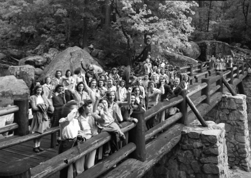 Girls League Convention group on Vernal Fall bridge. High School girls of San Joaquin.