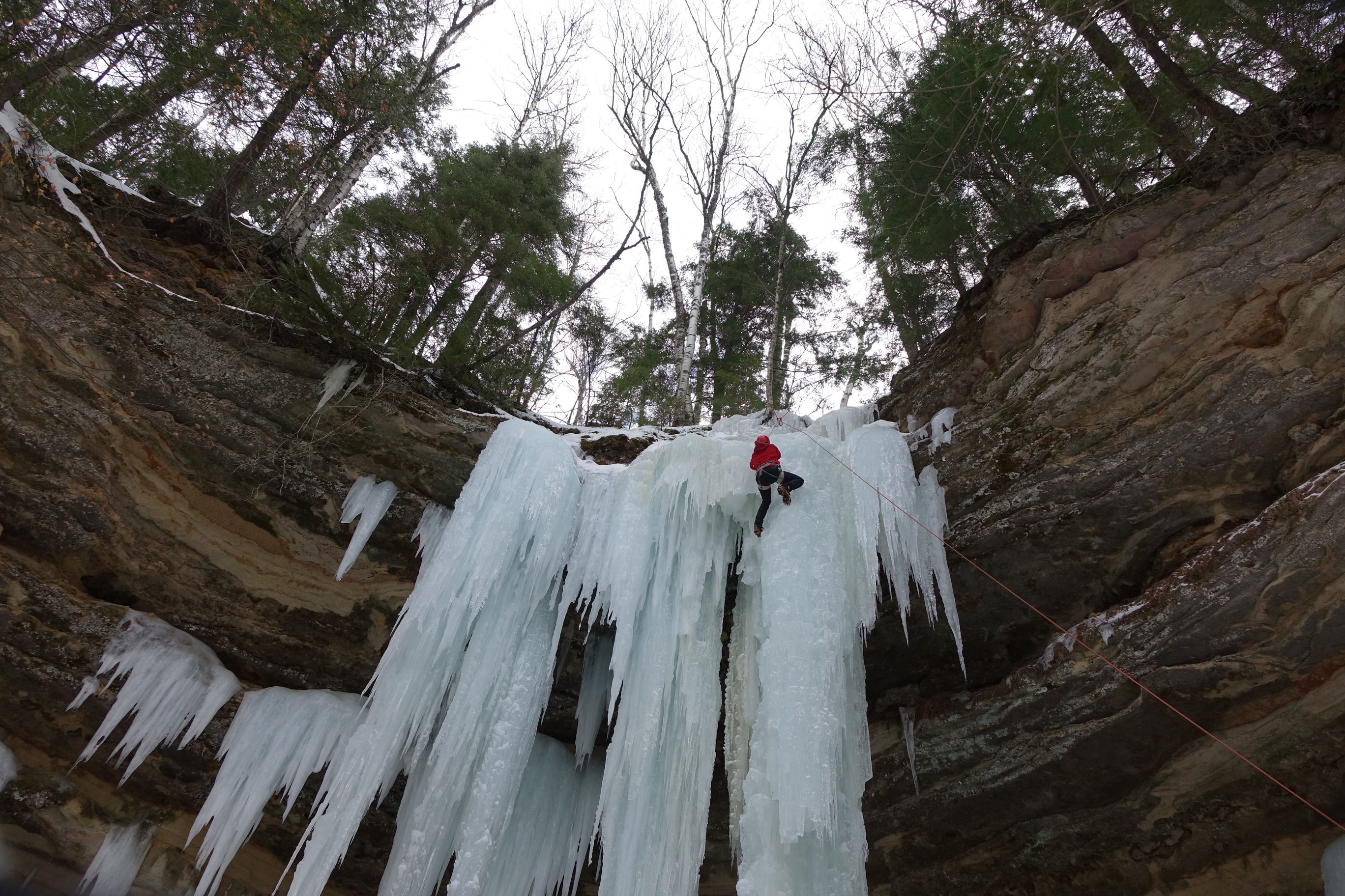 Ice Climber near the top of a curtain and column of ice. The ice is forming out of and hanging off sandstone rocks. Trees are on top of the cliff.