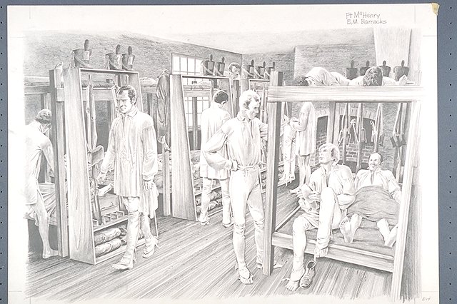 Scene shows the interior and related activities of Fort McHenry's Enlisted Men's Barracks.