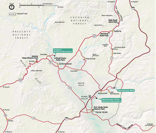 Map of central Arizona with location of Montezuma Castle, Montezuma Well, and Tuzigoot National Monument marked. Major roads, cities, land formations, and rivers are identified. 