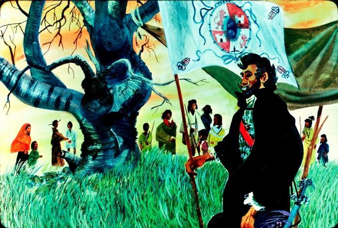 A painting shows Anza on horseback carrying a flag with members of the expedition moving behind by foot