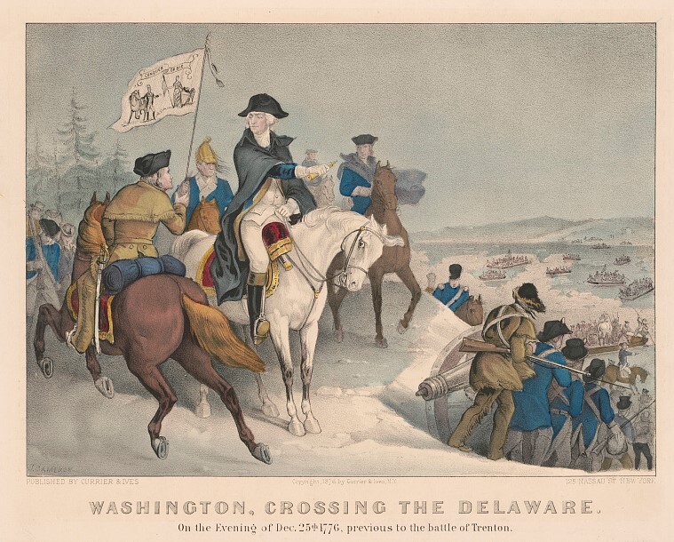 Colored painting of several men on horseback, including George Washington, and others on foot carrying weapons. Boats on icy river are in the background.
