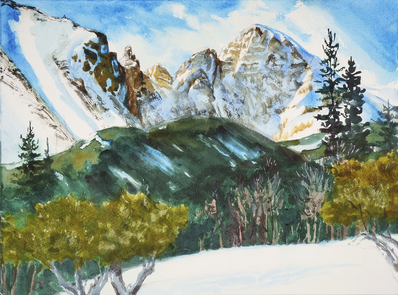 A watercolor painting of looking up at the imposing Wheeler Peak and Doso Doyabi, with the rolling green hills before it. The viewer stands in a snowy meadow peering up at these mountains, with many green trees, some with long green canopies extending beyond the rest. Slightly beyond rises a green hill with streaks of white, and then the imposing, sharp, steep cliff faces of the cirque. Snow covers some parts of these faces, but far more browns stick through. A haze of clouds and blowing snow shroud the edges of the peaks, but a piercing blue sky, welcome in this winter scene, is visible above.