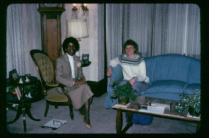 Historian Pam Smoot and Trudy Johnson in the living room of the Truman home HSTR slide #267