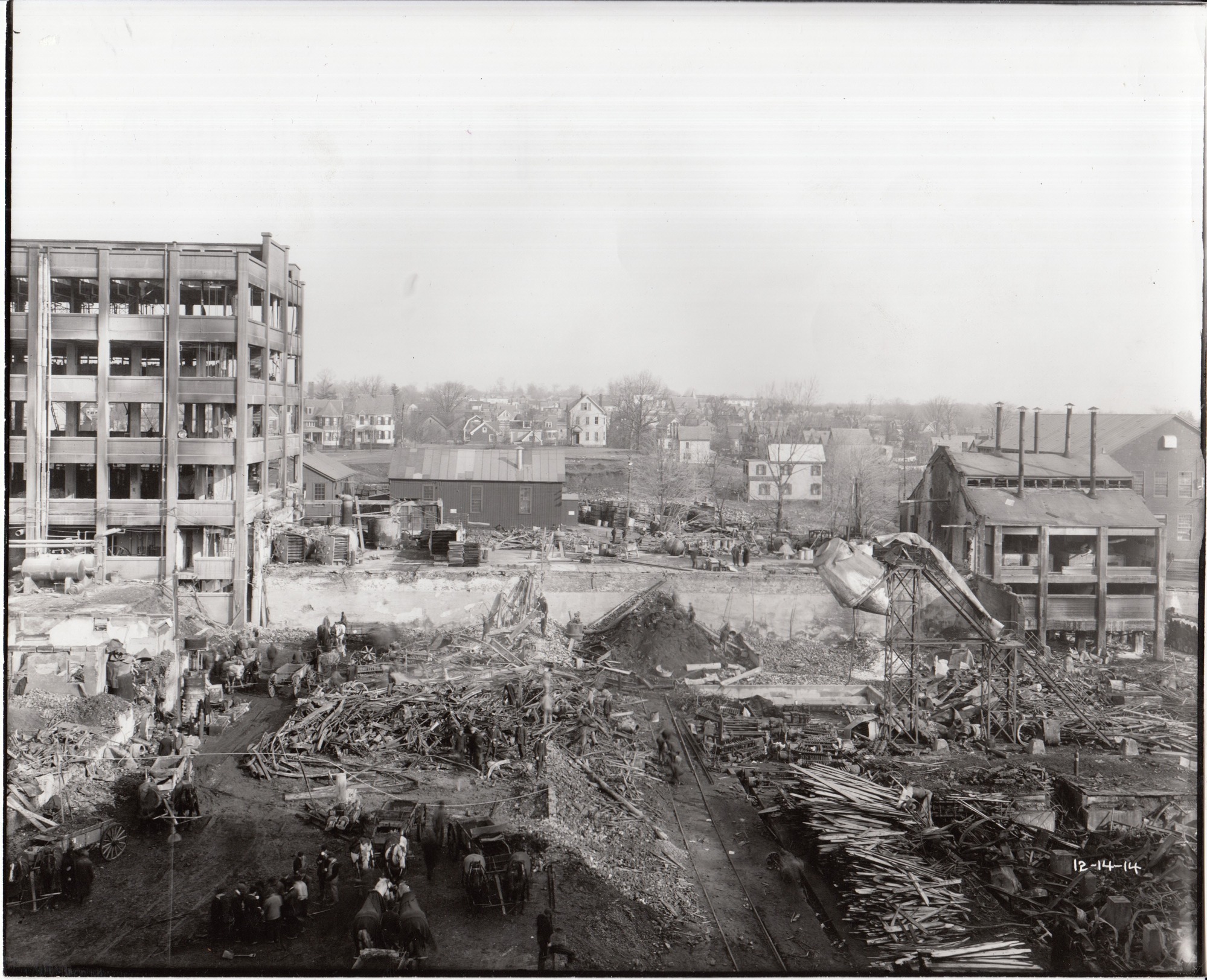 Toward Alden Street from Building 25, twisted metal in foreground.