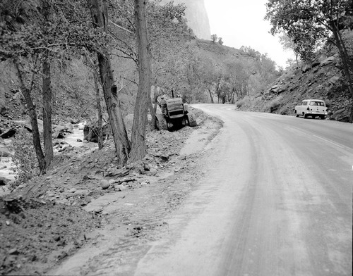 Flood damage to rock wall on Virgin River, a quarter mile south of Court of Patriarchs. Record of damage or defective workmanship.