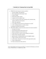 Checklist for critiquing interviewing skills with a list of of ten positive actions and ten negative actions. Document, 1 page. 