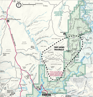  Map showing the location of the Tar Sand Triangle and road access. The Tar Sand Triangle ia approximately located between Panorama Point to the east, Cove Canyon to the south, and Dirty Devil River to the west. 