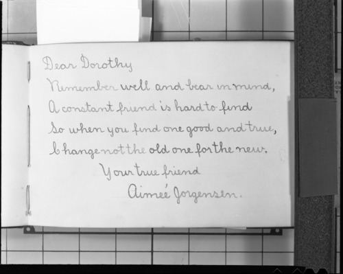 Autograph of Aimee Jorgensen, daughter of Chris Jorgensen. Copied from the autograph book of Dorothy Atkinson. Copied courtesy Bonnie Douthit. Copied October 1980 by Michael Dixon.