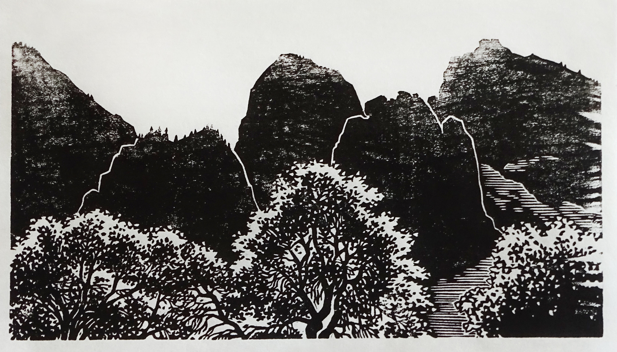 A colored image made with black ink on paper. In the foreground, black trees stand with bushy white leaves. In the middleground, tall black sandstone cliffs stand above the trees. The background is a clean white sky.