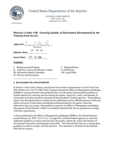 Director's Order 11B: Ensuring Quality of Information Disseminated by the NPS