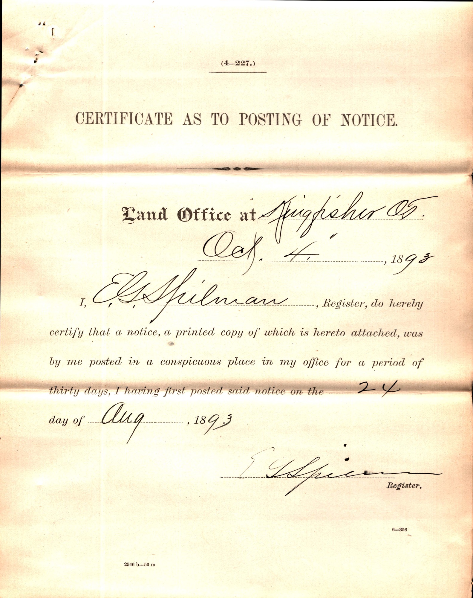 Yellowing scanned handwritten Homesteading case file. Transcribed text from the scan is found in the image description. Shadowing shows where the document was folded in three parts.