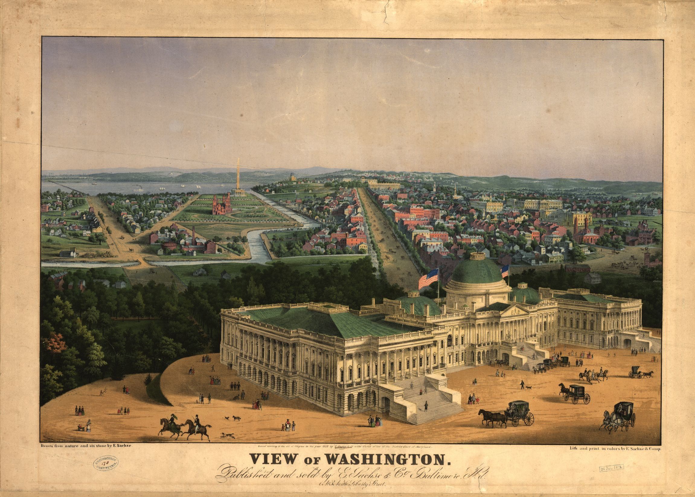 Color printed view of Washington D.C. with the capital in the foreground. 