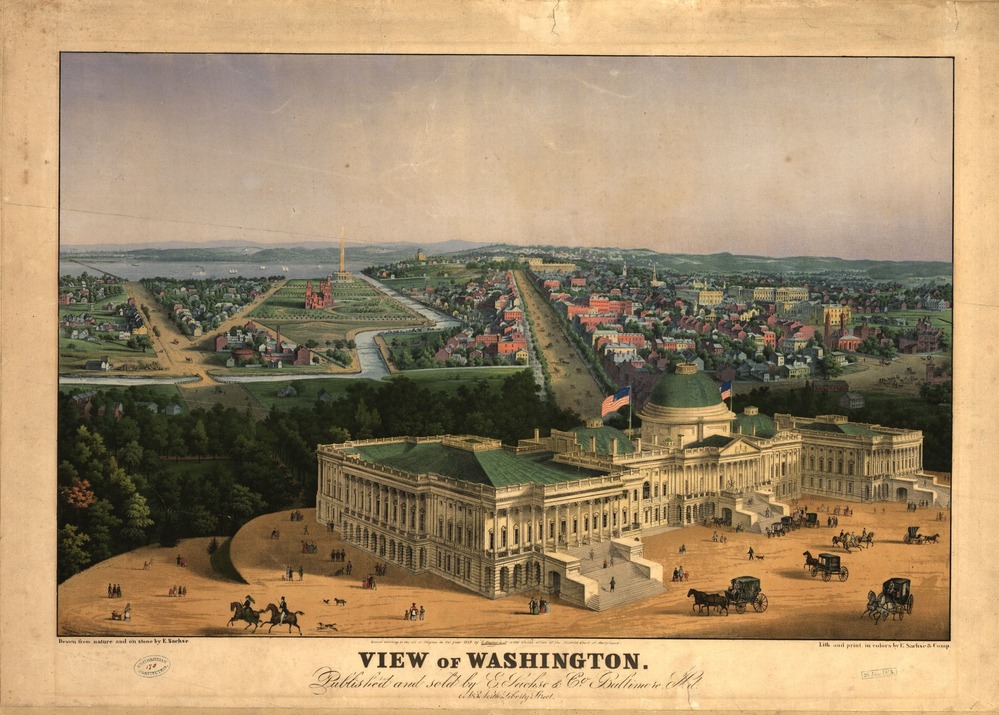 Color printed view of Washington D.C. with the capital in the foreground.