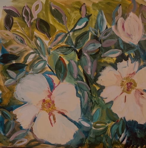 A painting of white and pink peonies in a meadow.