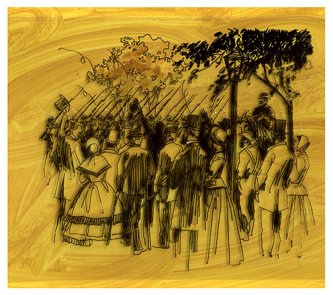 Civil War troops parade past crowd of townspeople.