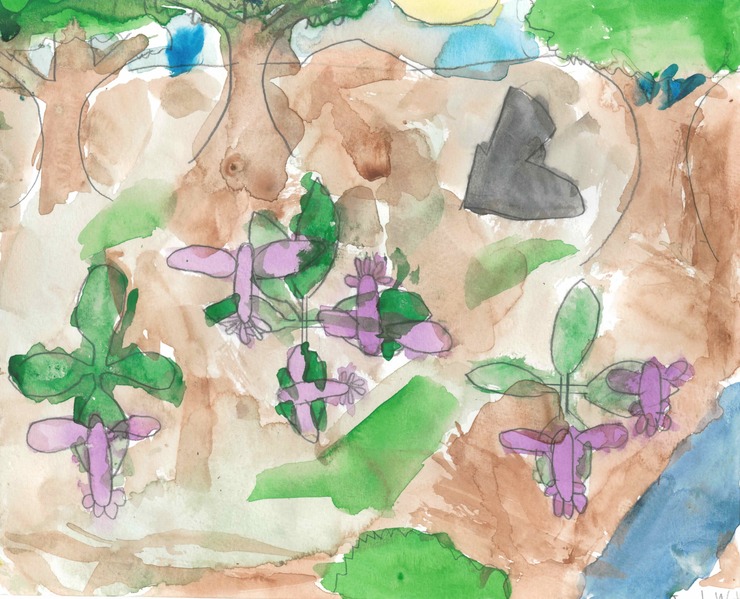 Watercolor painting of purple flowers on the ground with trees in the background.