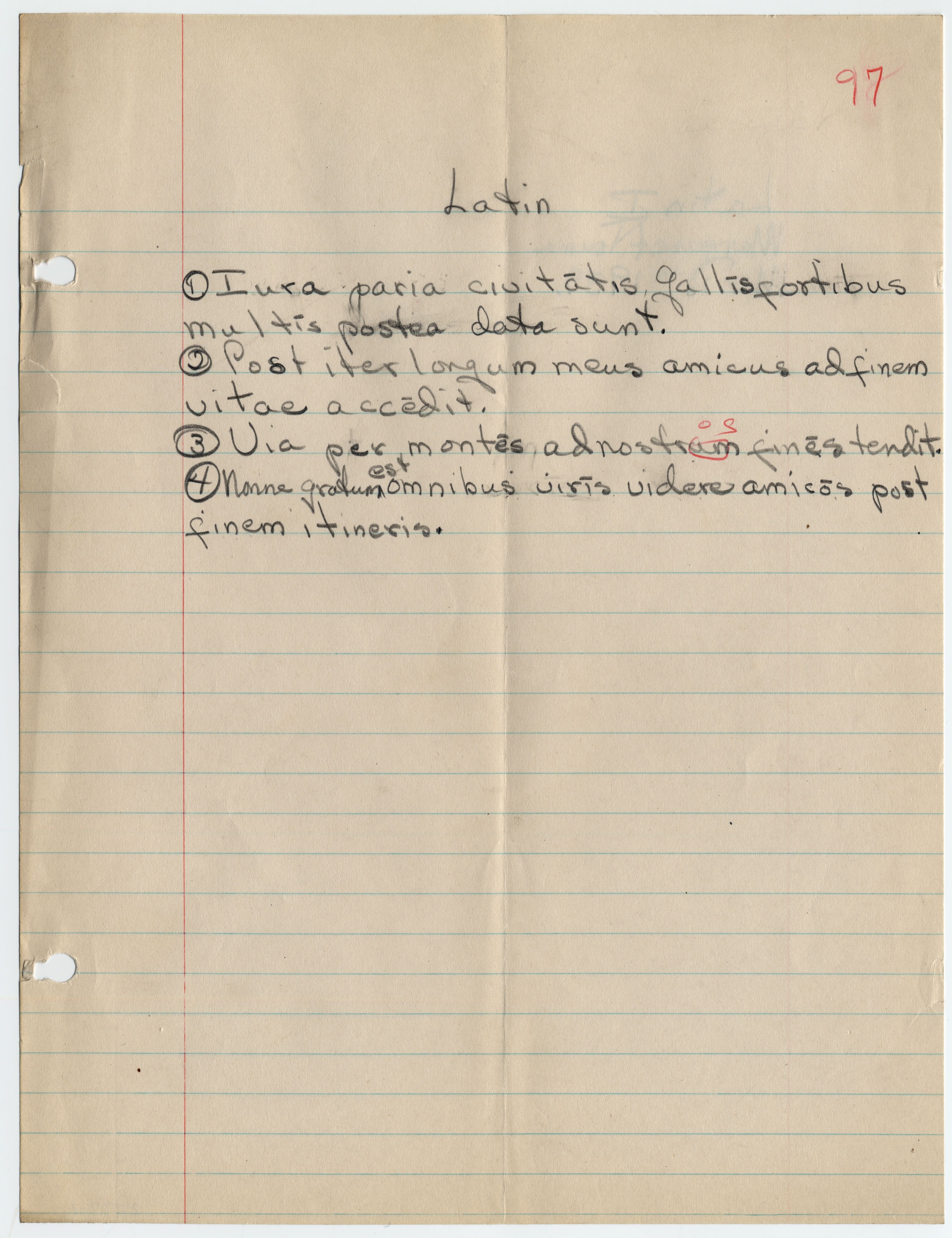 The school work is written on a lined notebook page in pencil. Corrections and a score for the work are written in red pencil.