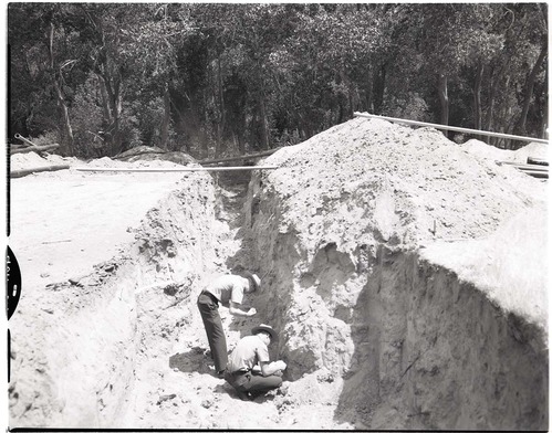 Construction of million gallon water tank at Birch Creek, digging trench for new water line, investigating deposits for possible fossil remains.