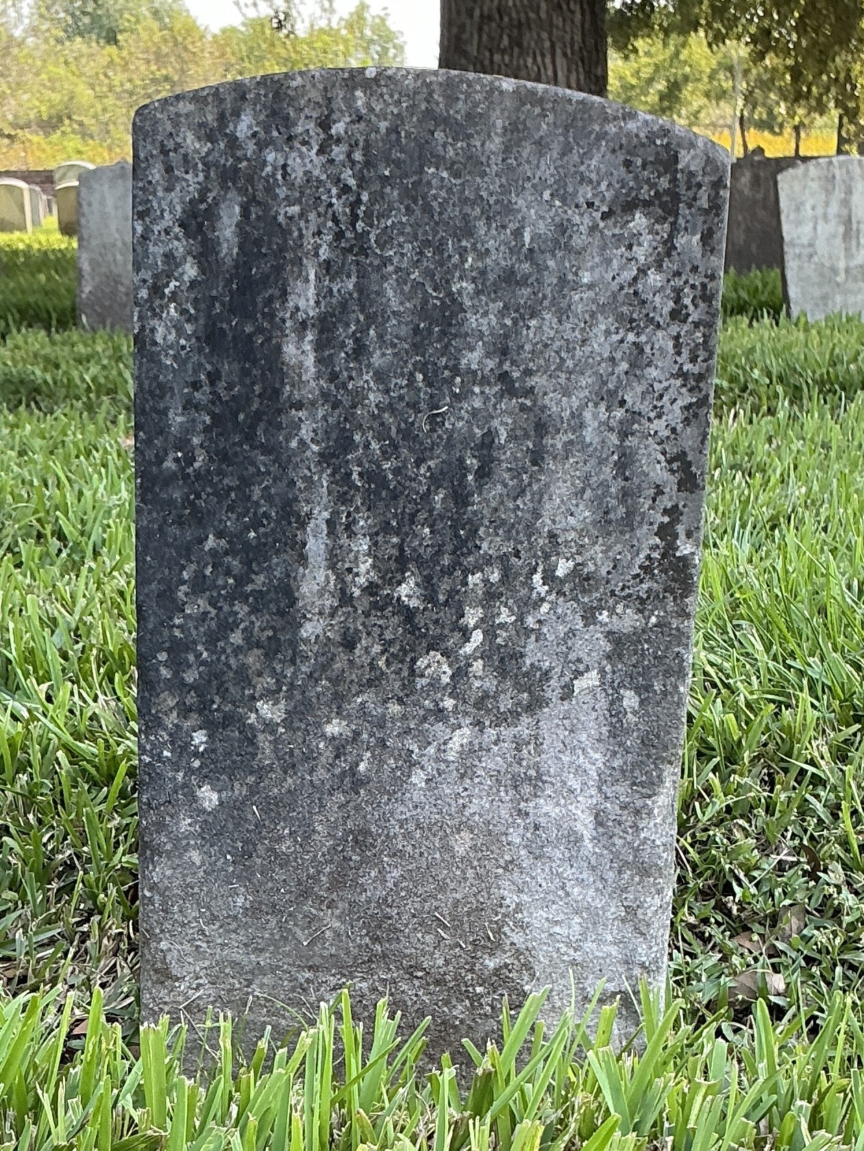 Back of historic upright marble headstone with recessed shield face.