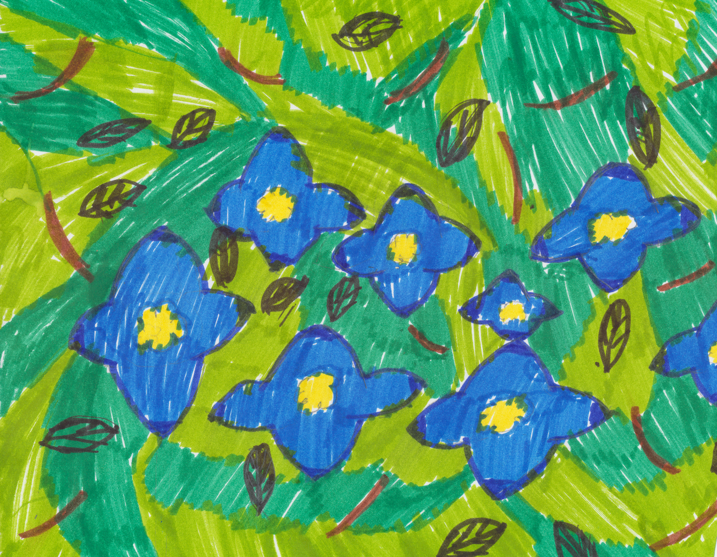 marker drawing of blue wildflowers