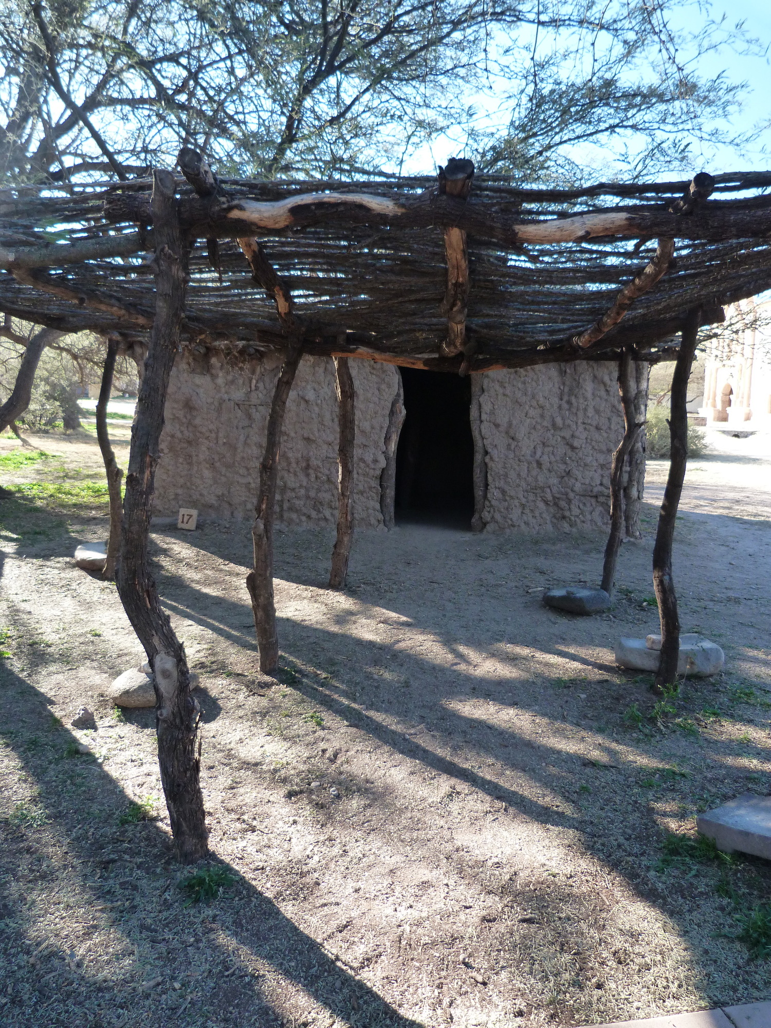 mud house with doorway and shade ramada in foreground