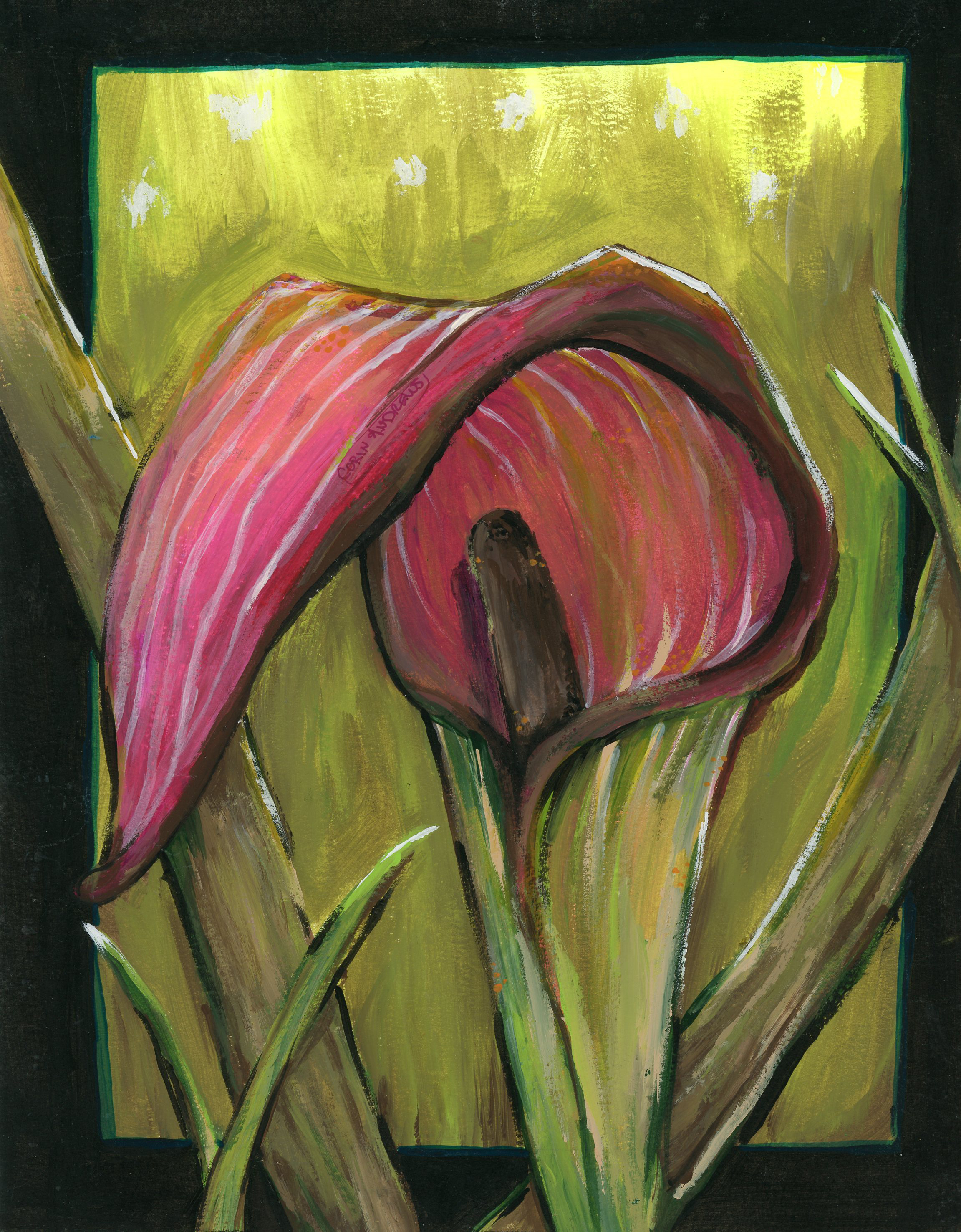 painting of a large red flower with long green leaves
