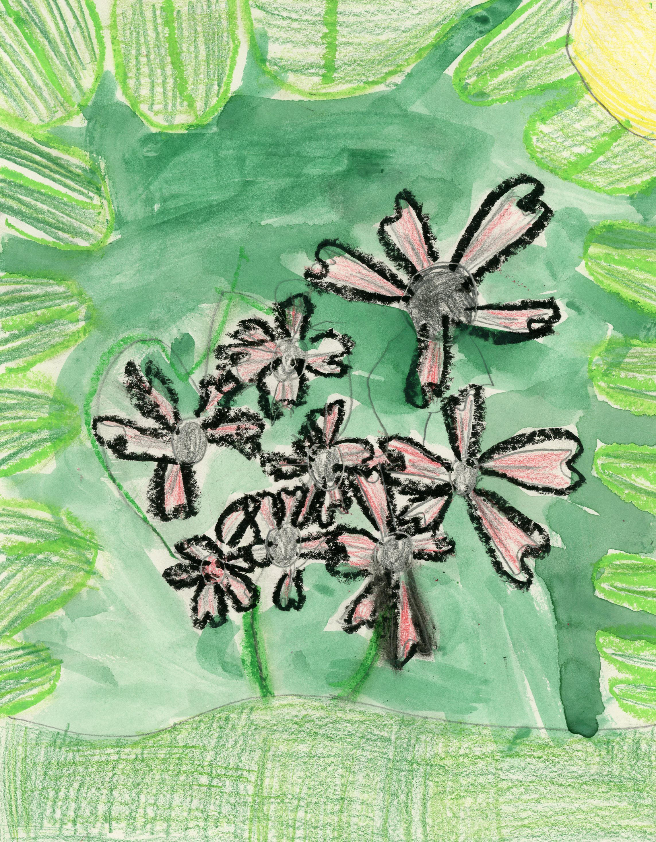 drawing of red flowers surrounded by green leaves and grass