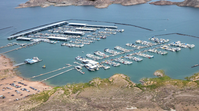 Aerial view of marina surrounded by shoreline