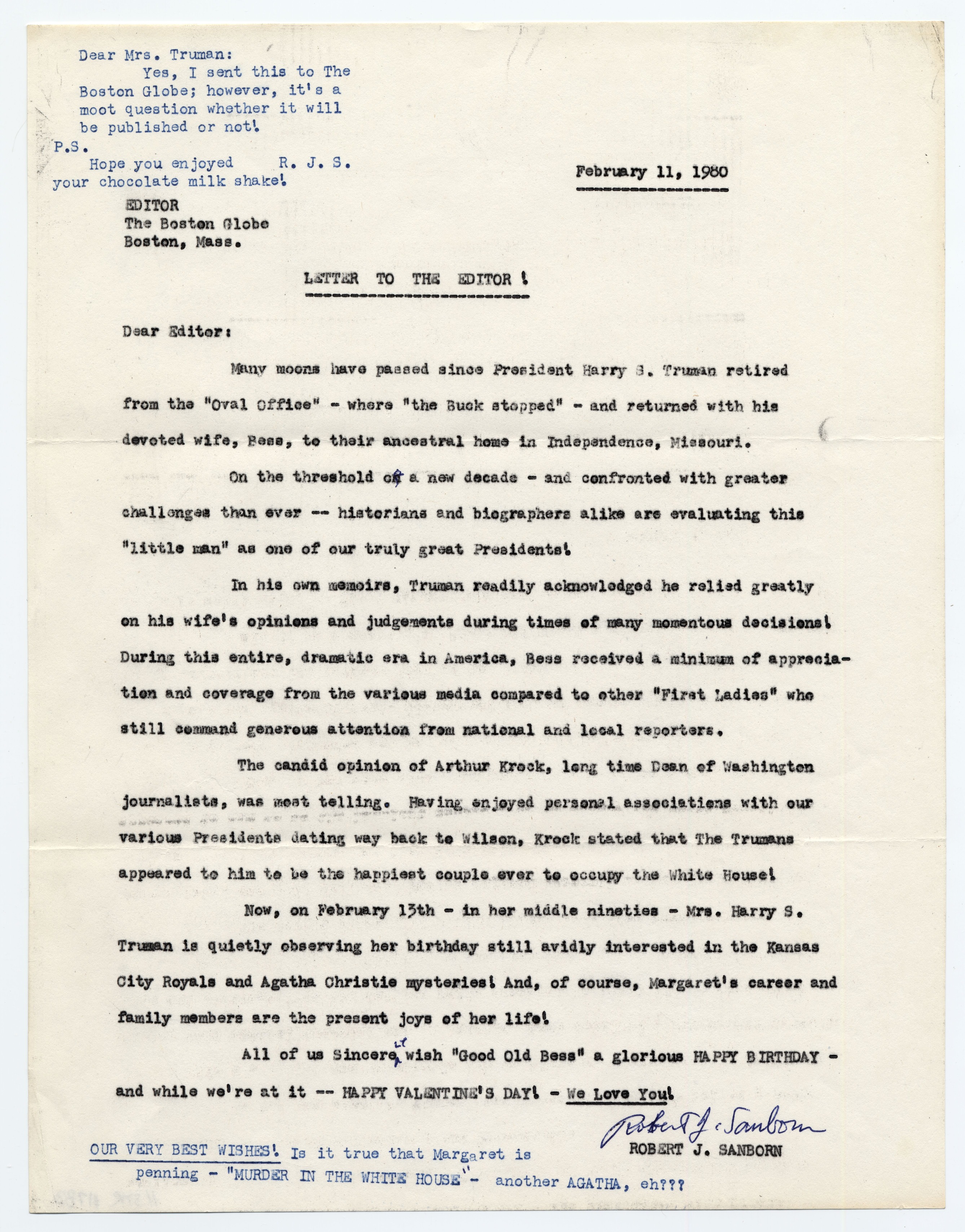 A letter typed on white paper with blue notes typed in the margins.