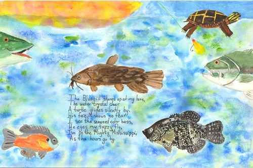 A drawing of different wildlife in the water. 