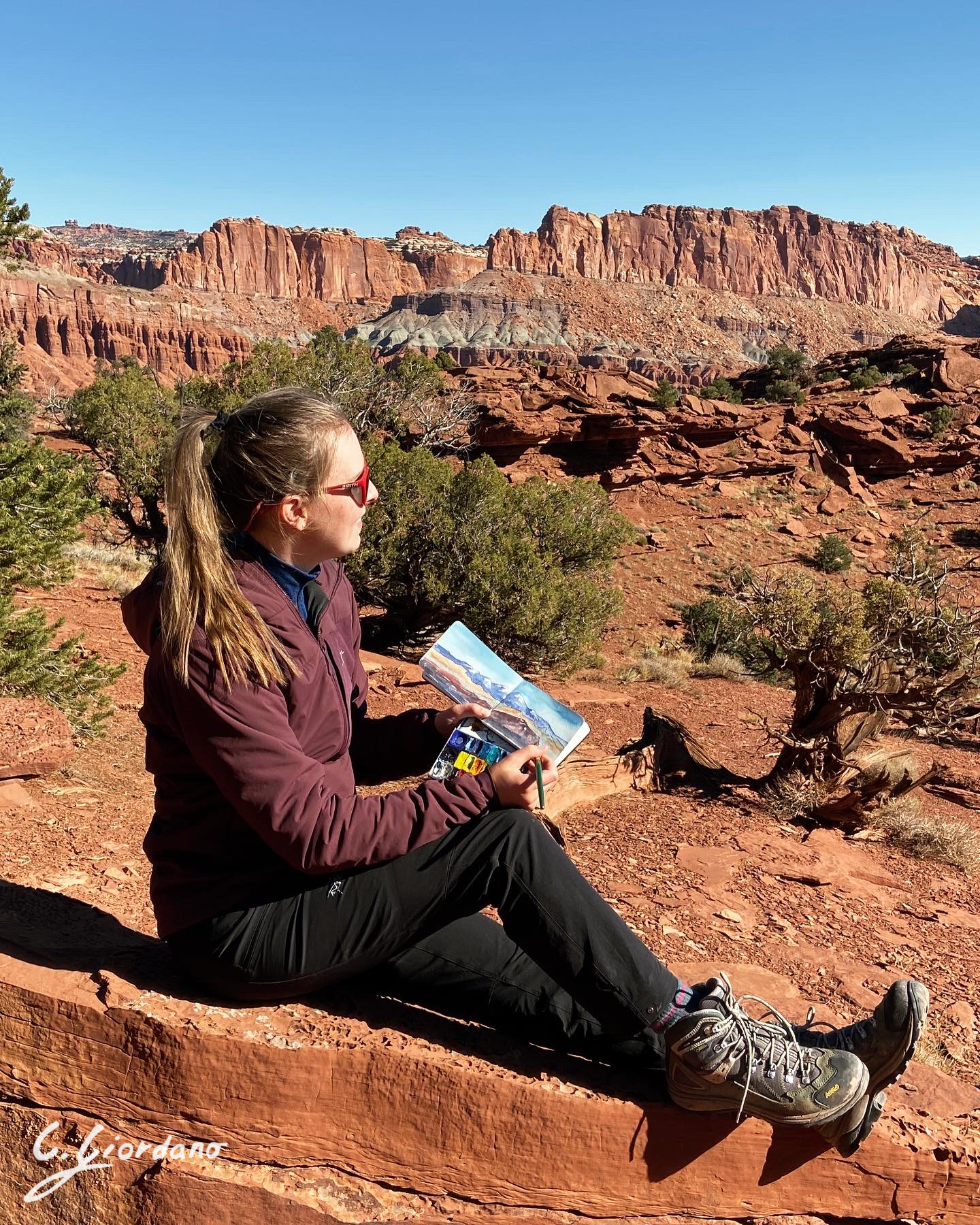 Surrounded by cliffs and trees, a person sits on a rock, holding a small watercolor paper book and paint set. 