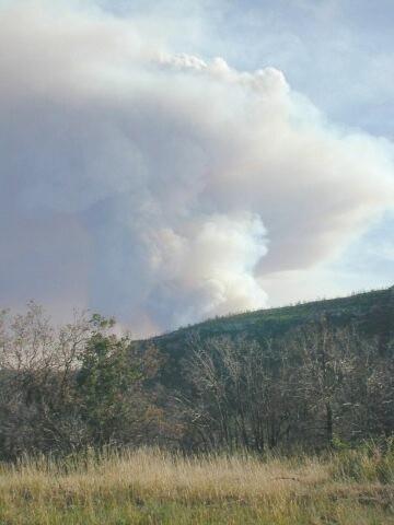 Heavy white and dark smoke in distance views of the Long Mesa Fire at Mesa Verde National Park, July-August 2002