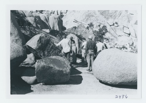 Black and white image of conducted walk at Barker Dam