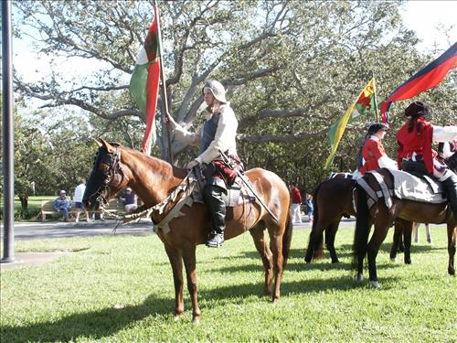 Camp Uzita interpreters demonstrate 16th century Spanish cavalry costume at De Soto National Memorial, Fla. in Dec. 2004