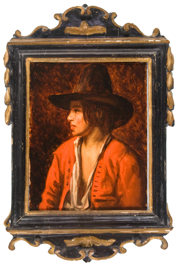Portrait of boy in red jacket and large brown hat in profile