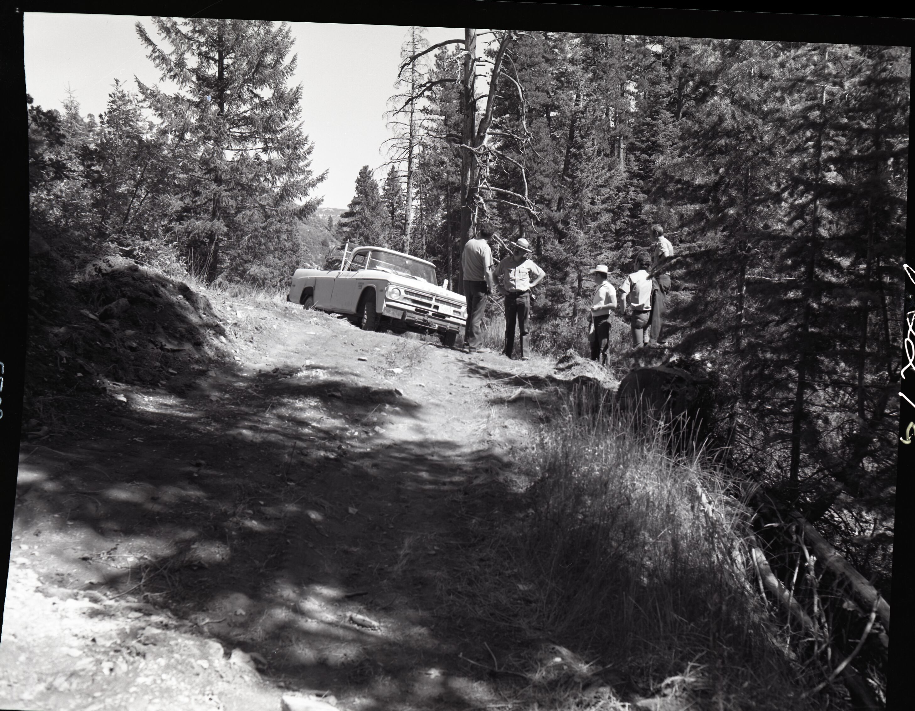 Dirt road from Potato Hollow to Kolob Creek, bulldozer graded road section on park land, several park employees inspect road.