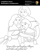 Line drawing of three girls in off-shoulder dresses and sashes embracing each other. Text reads 