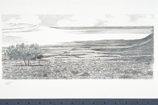 Conjectural landscape depicts an inland sea formed millions of years ago.