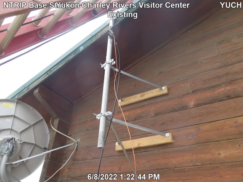 Existing NTRIP base station antenna mount at YUCH Yukon Charley Rivers Visitor Center.