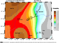 Map of probability for an earthquake of magnitude greater than 5.0 in the next 100 years for Glen Canyon National Recreation Area. Highest probability in the recreation area near Page with a 0.30 to 0.40 probability. Probability decreases to the northernmost extent of the recreation area, where it is between 0.04 and 0.06. Outside the park to the west and north, probability increases to between 0.80 and 0.90. 