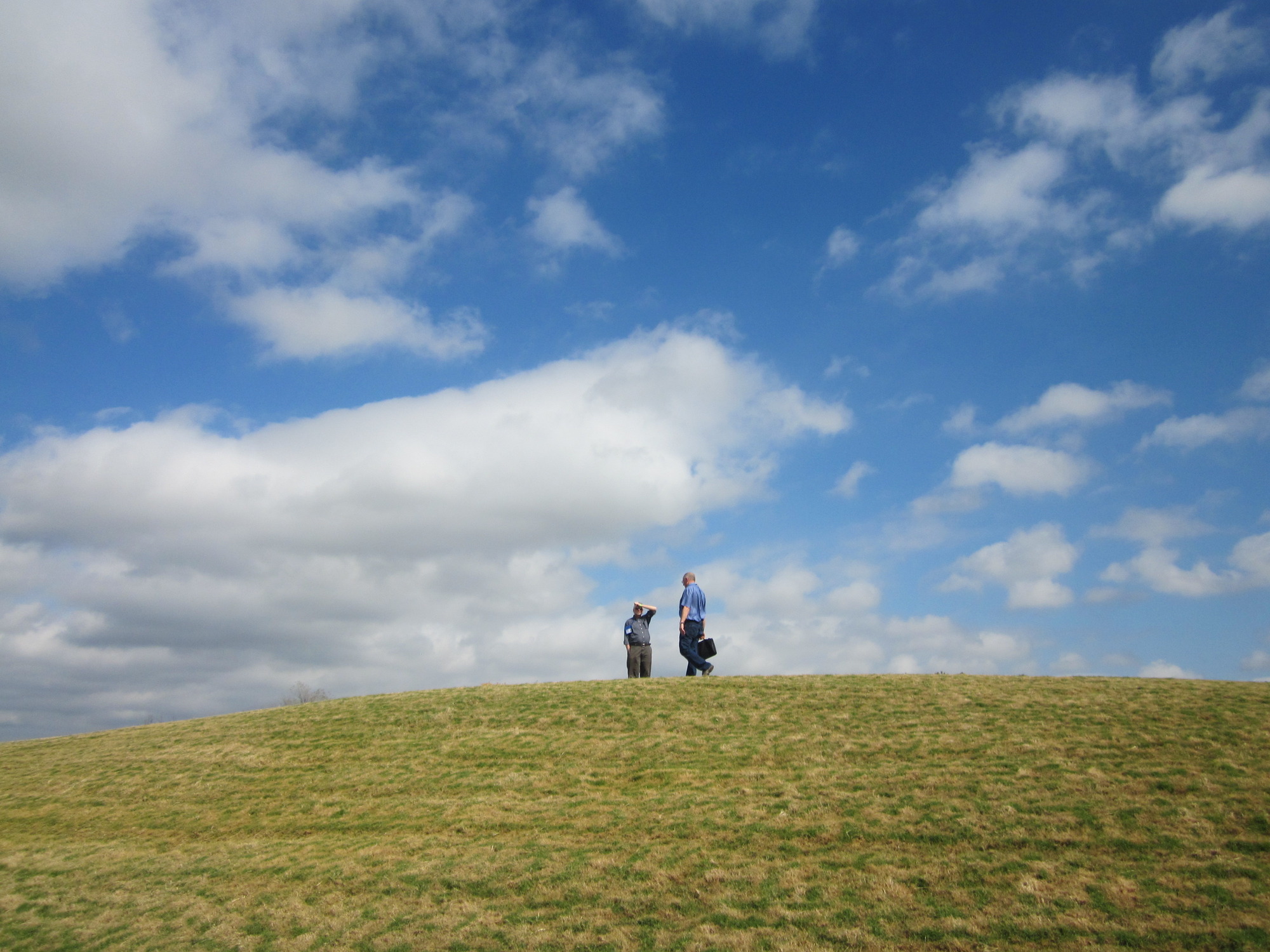 A group of people standing on a grassy hill.
